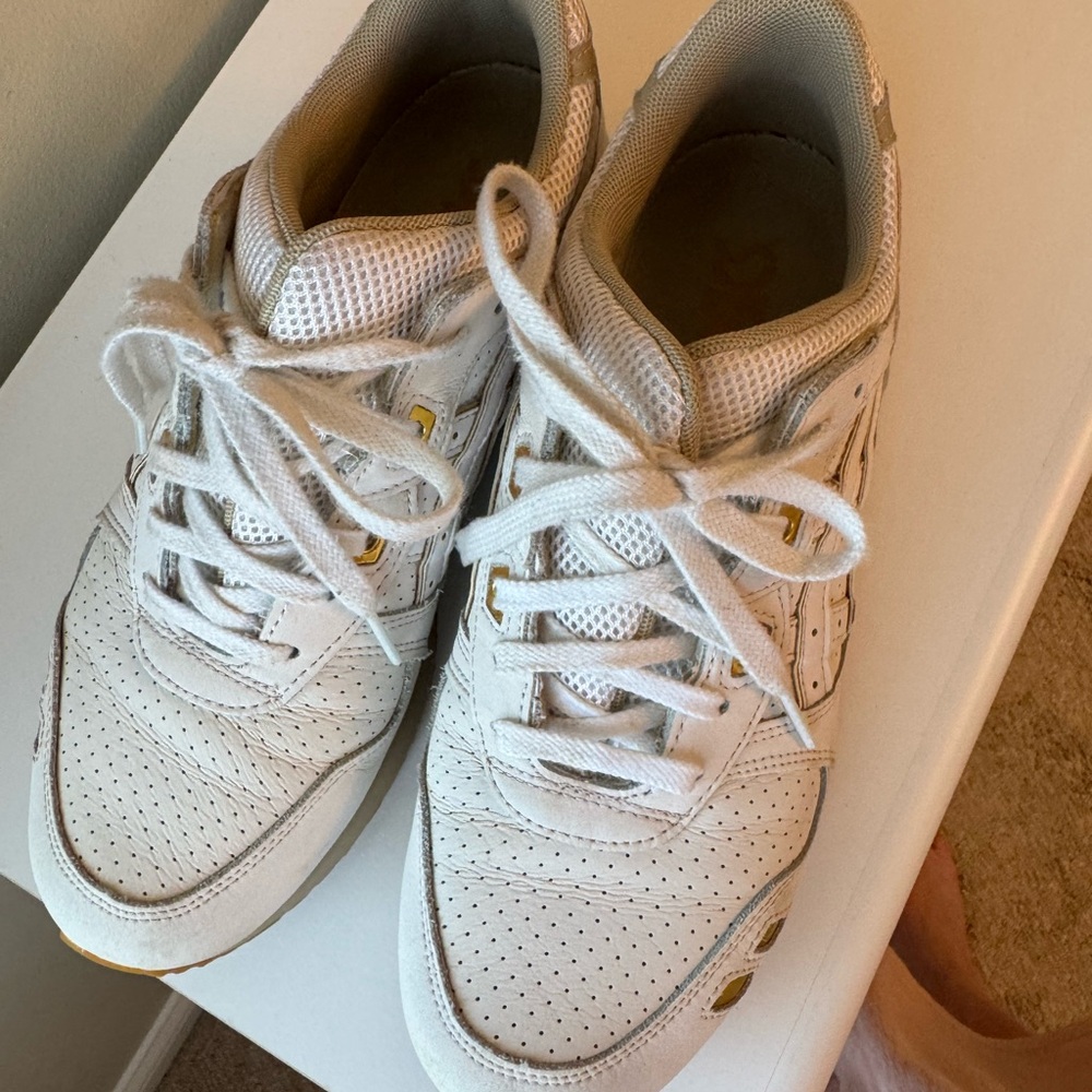 Asics White Leather Athletic Sneakers with Gold Accents
